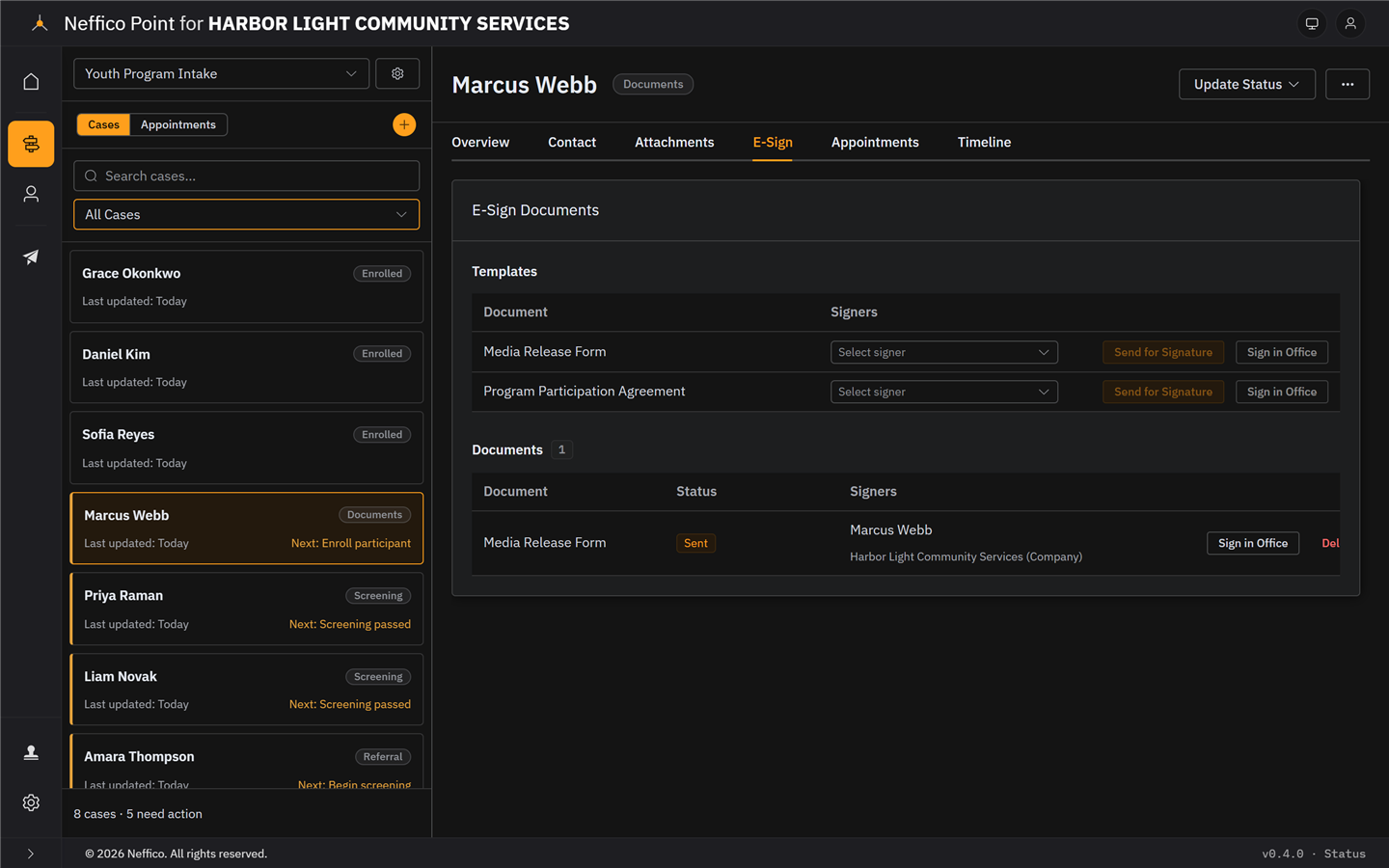 A case's E-Sign tab: agreement templates ready to send, and a Media Release Form out for signature