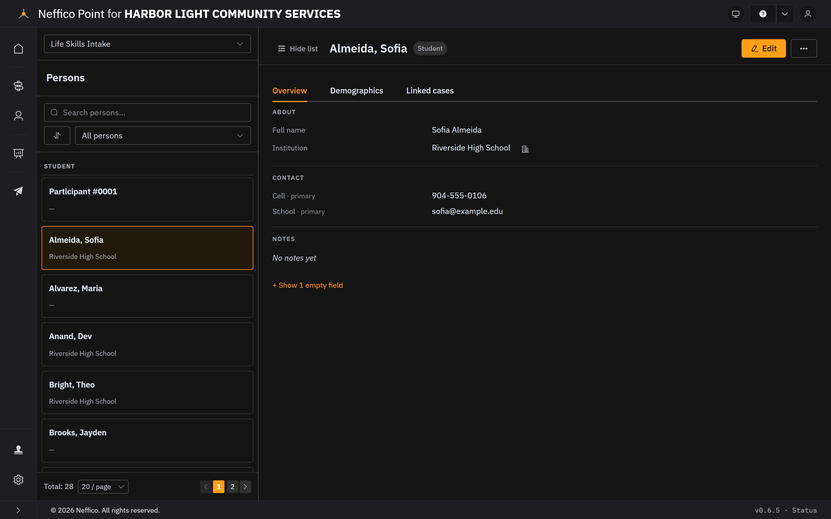 A person record with institution and contact details, and tabs for demographics and linked cases, next to the directory list