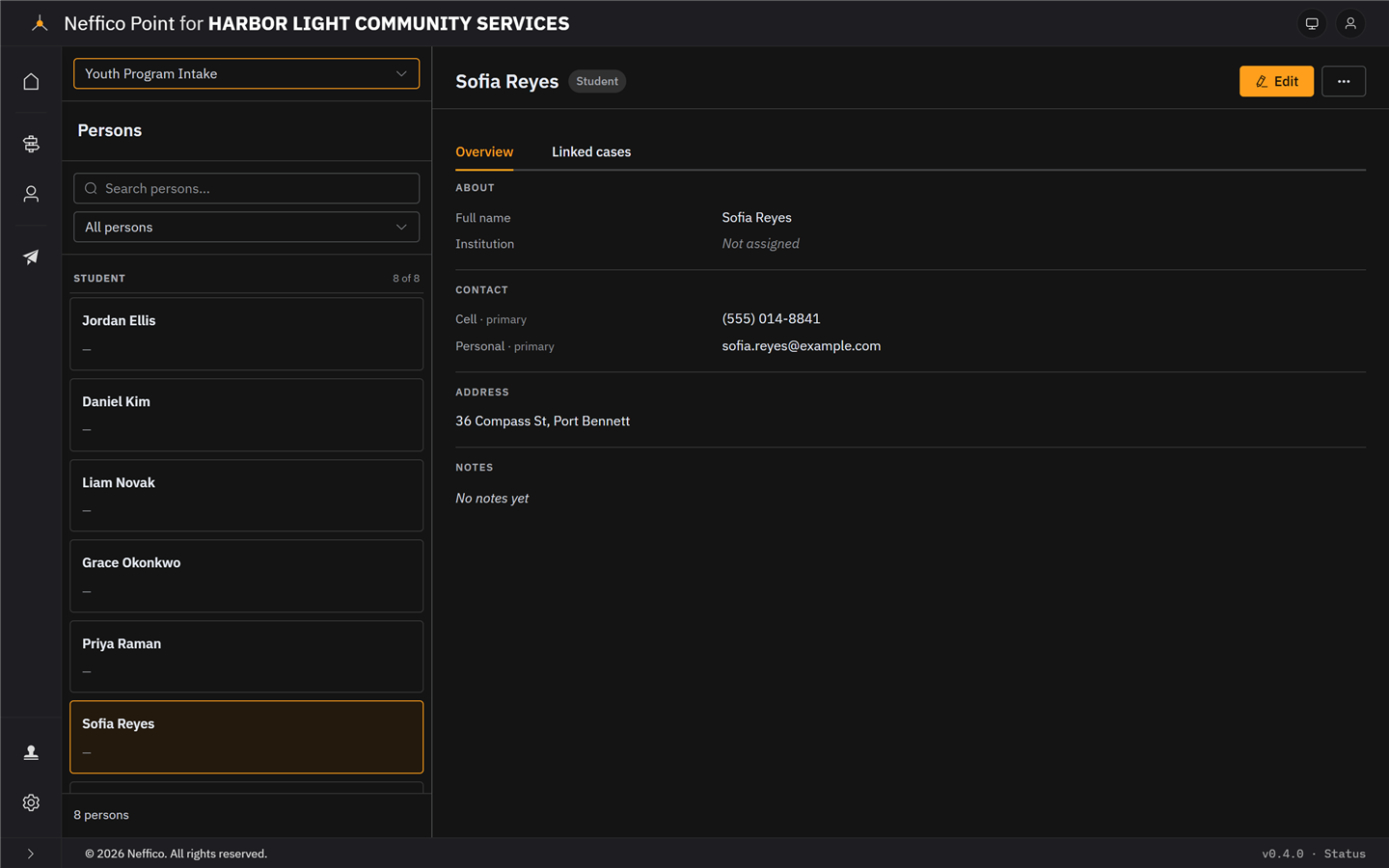 A person record with contact details and linked cases, next to the directory list