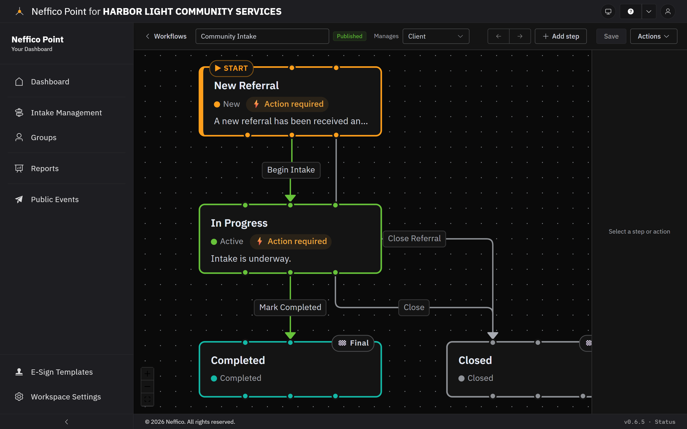 The visual workflow editor: a four-step intake flow — New Referral, In Progress, Completed — with a side branch to Closed, joined by named transitions like Begin Intake and Mark Completed
