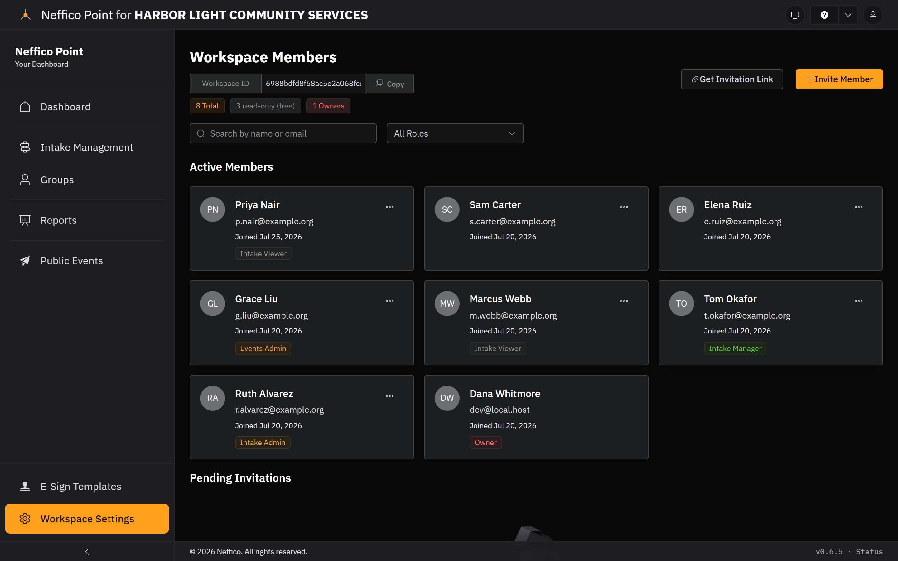 Workspace members with role badges — owner, intake admin, intake manager, events admin and intake viewer — and a count of the free read-only seats