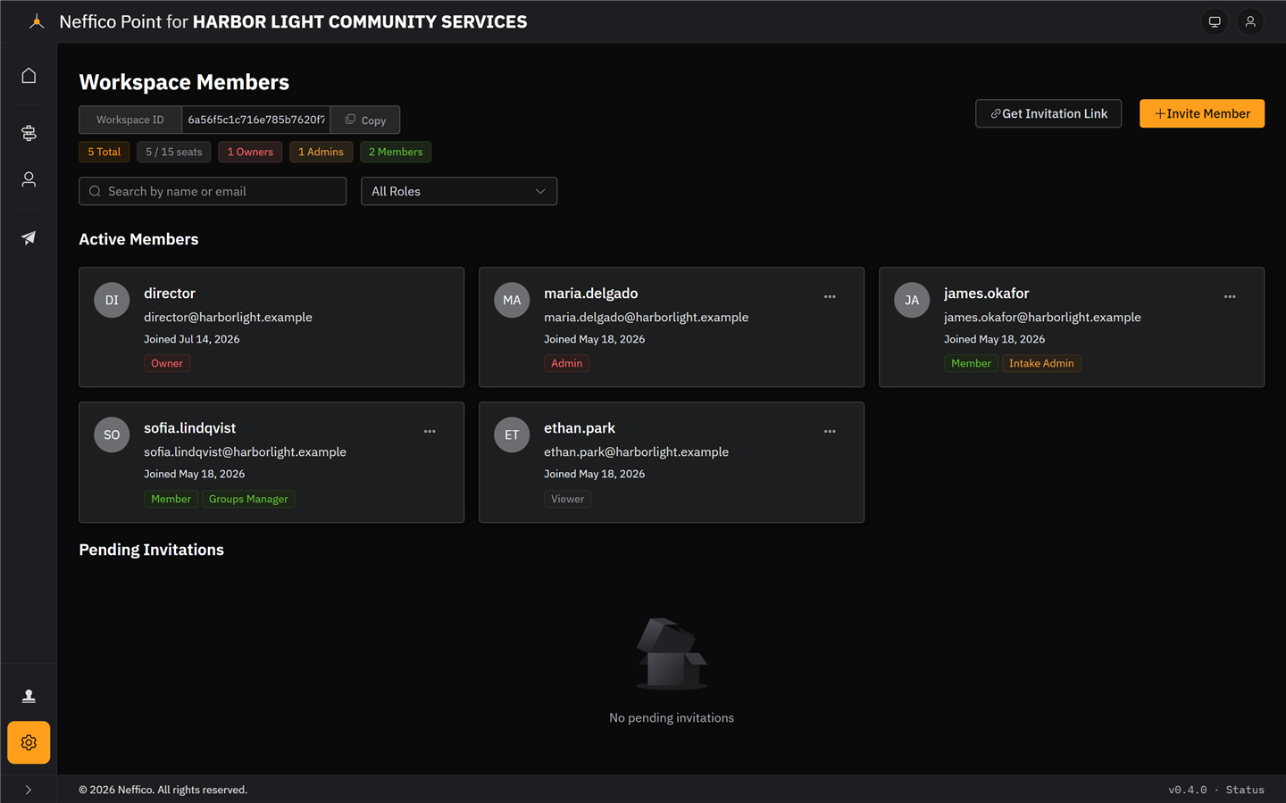 Workspace members with role badges — owner, admin, member, and viewer